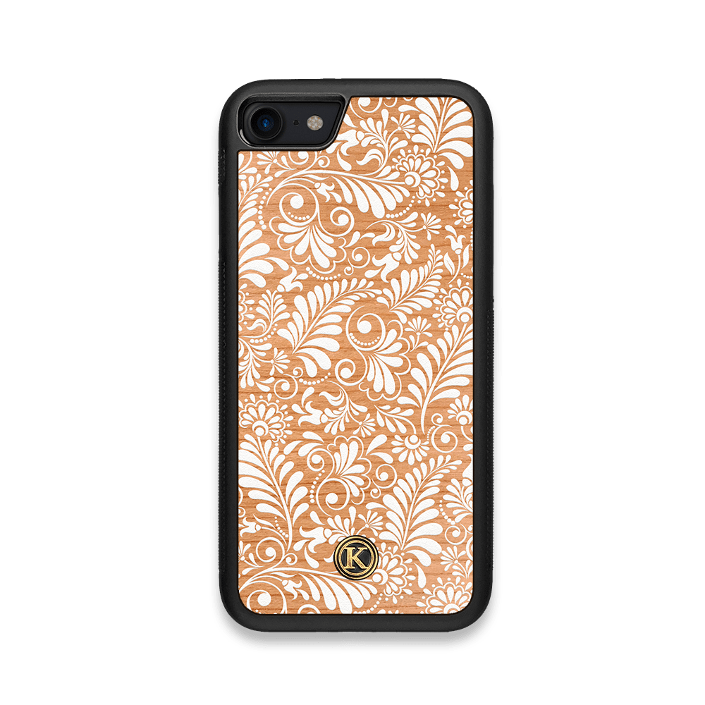 Front view of the white ink flowing botanical print on Cherry wood iPhone 7/8 Case by Keyway Designs
