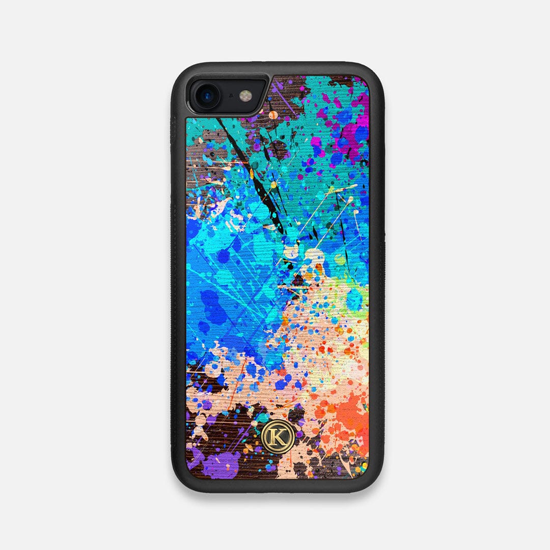 Front view of the realistic paint splatter 'Chroma' printed Wenge Wood iPhone 7/8 Case by Keyway Designs