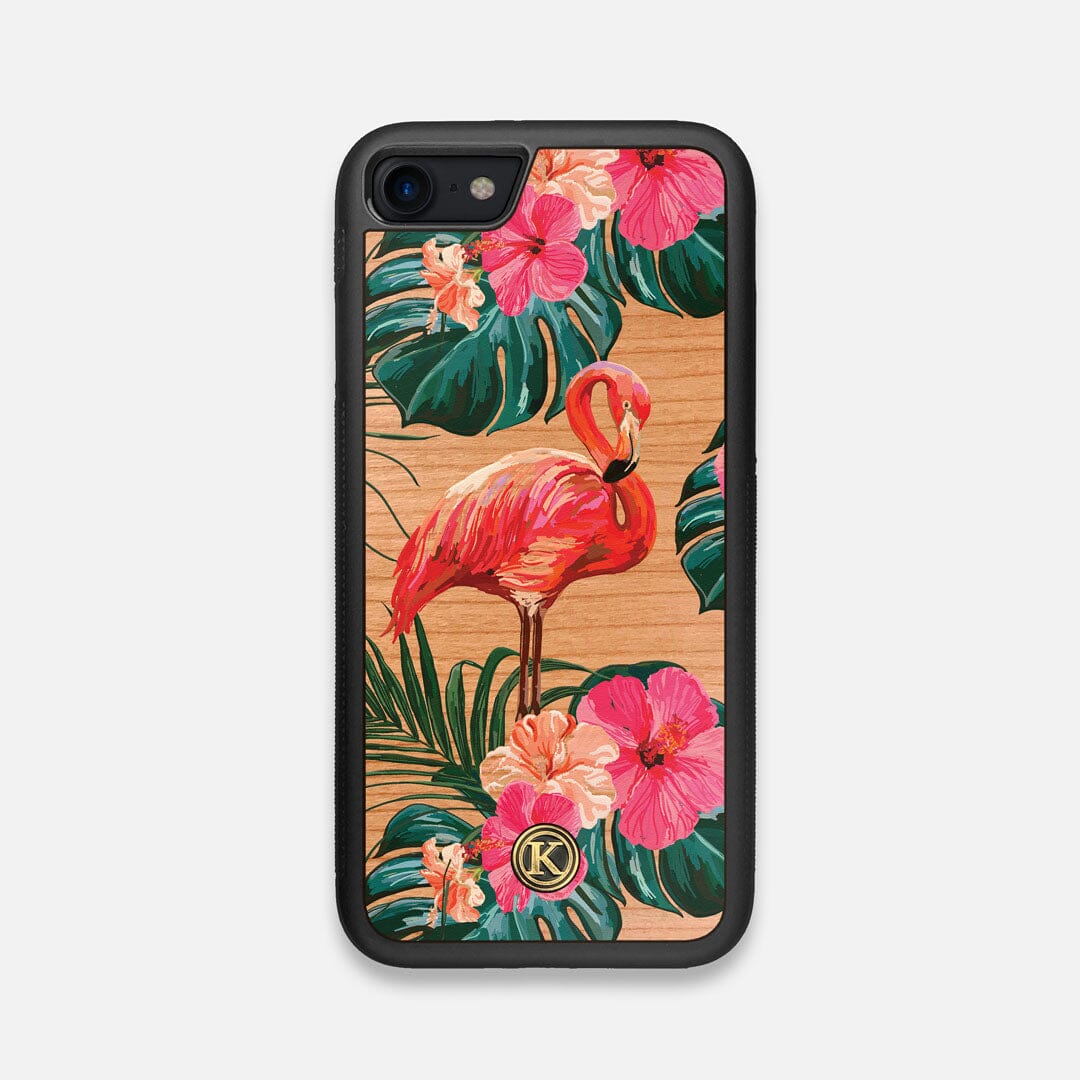 Front view of the Flamingo & Floral printed Cherry Wood iPhone 7/8 Case by Keyway Designs