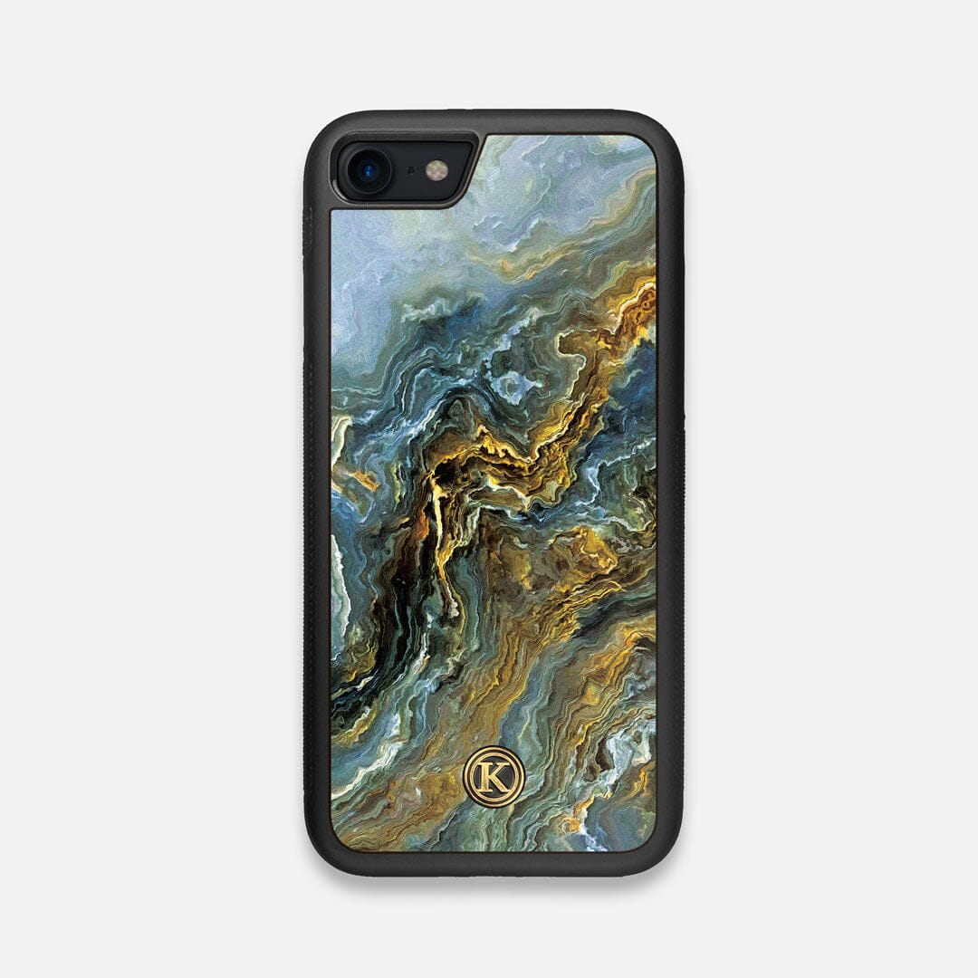 Front view of the vibrant and rich Blue & Gold flowing marble pattern printed Wenge Wood iPhone 7/8 Case by Keyway Designs
