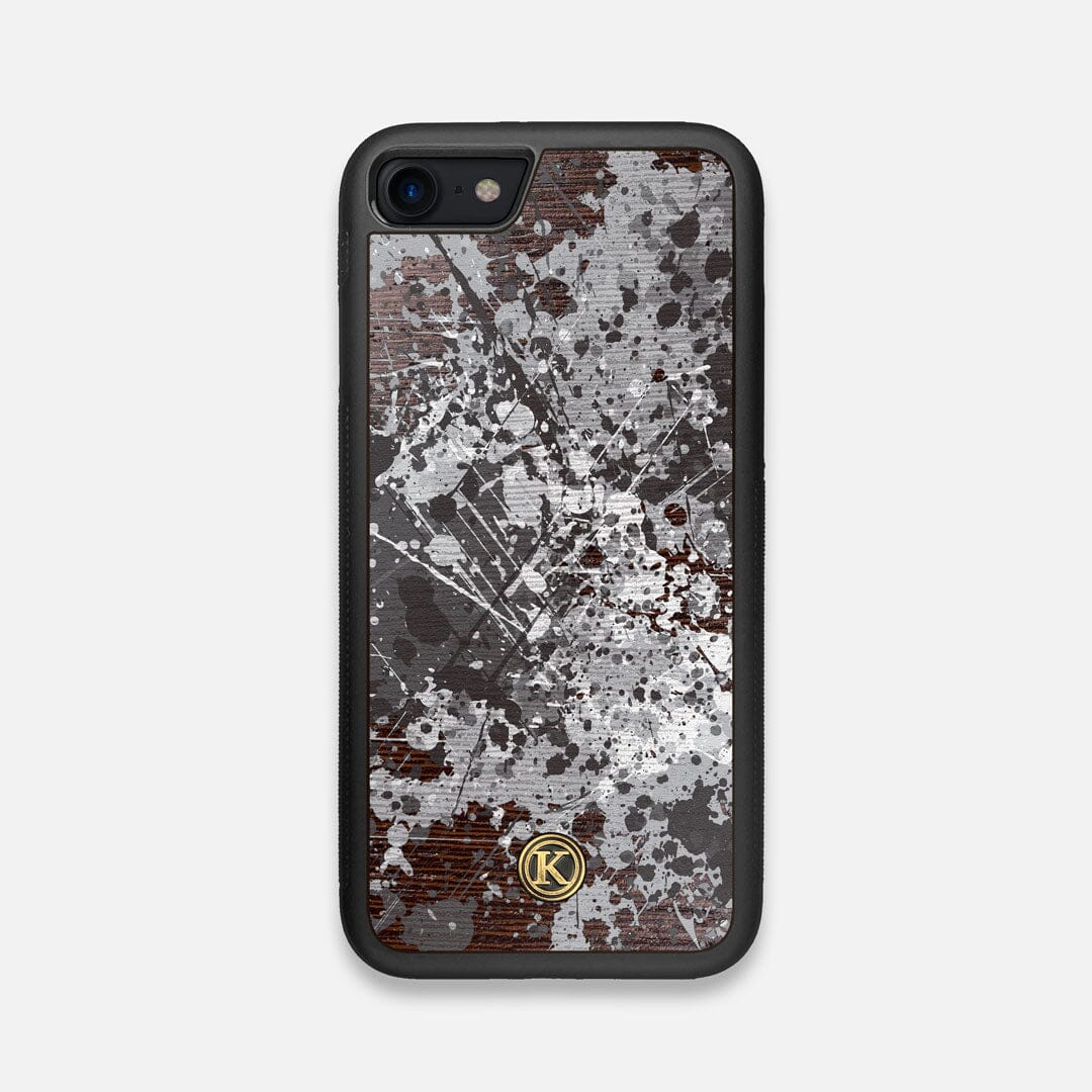 Front view of the aggressive, monochromatic splatter pattern overprintedprinted Wenge Wood iPhone 7/8 Case by Keyway Designs