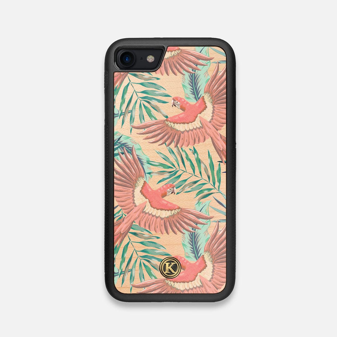 Front view of the Paradise Macaw and Tropical Leaf printed Maple Wood iPhone 7/8 Case by Keyway Designs