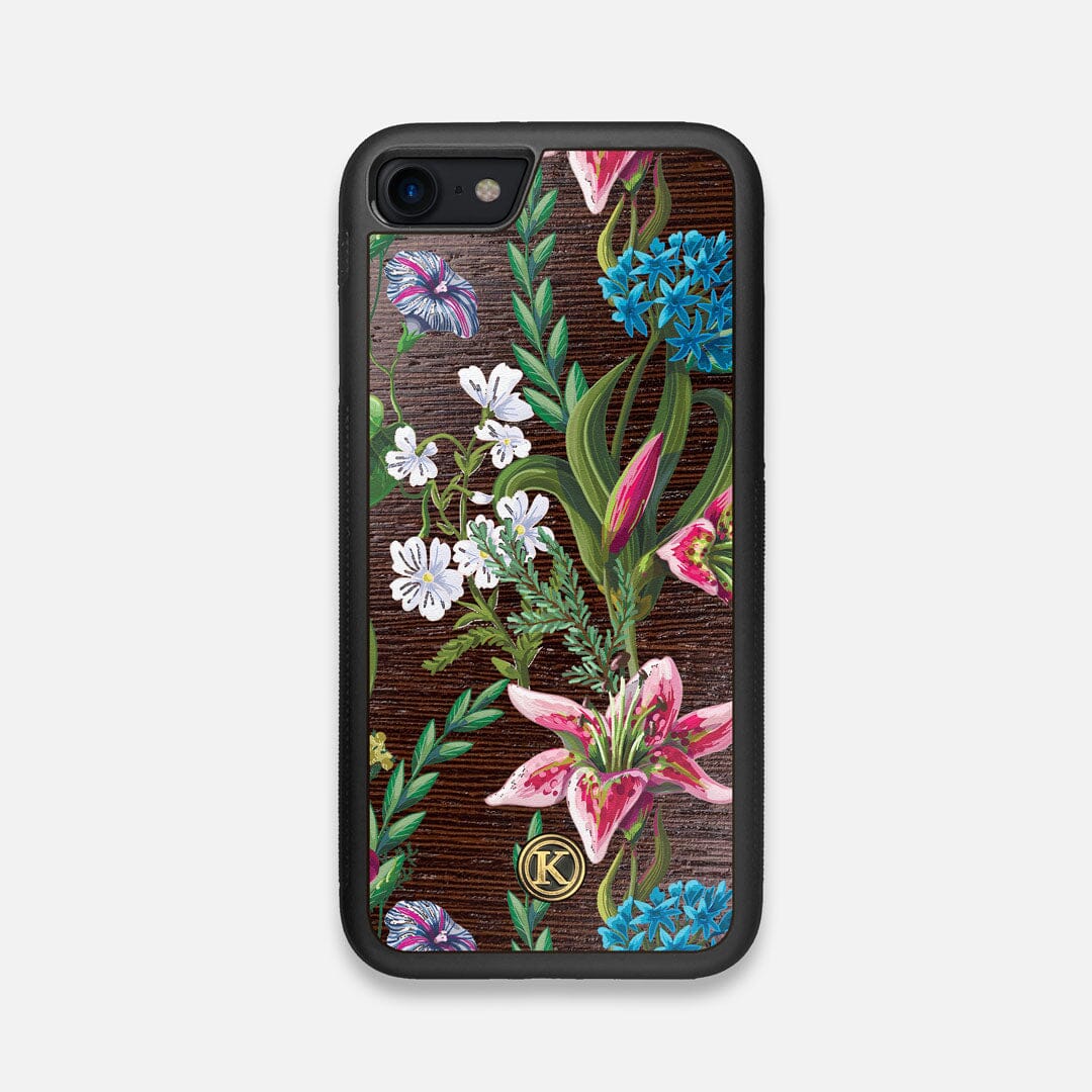 Front view of the Stargazer Lily printed Wenge Wood iPhone 7/8 Case by Keyway Designs