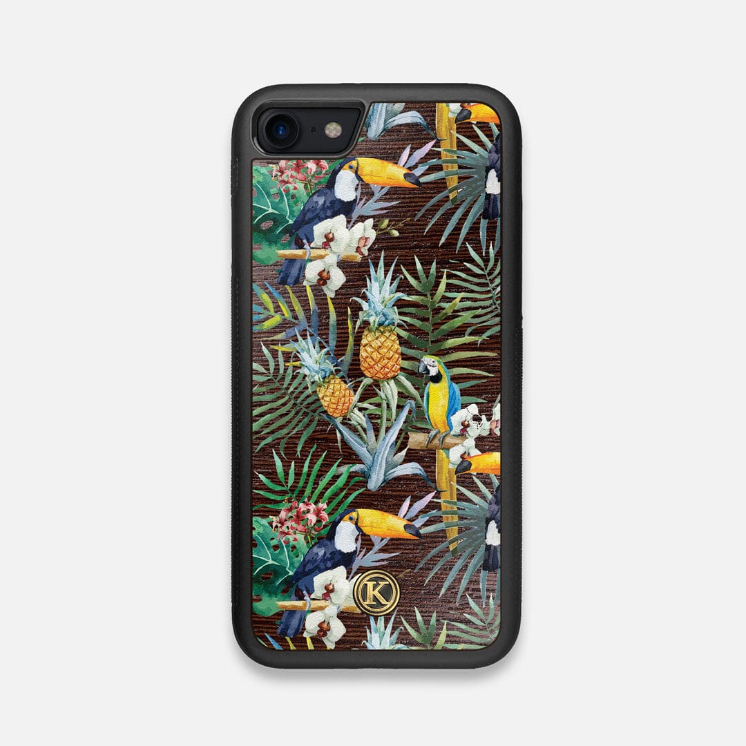 Front view of the Tropic Toucan and leaf printed Wenge Wood iPhone 7/8 Case by Keyway Designs