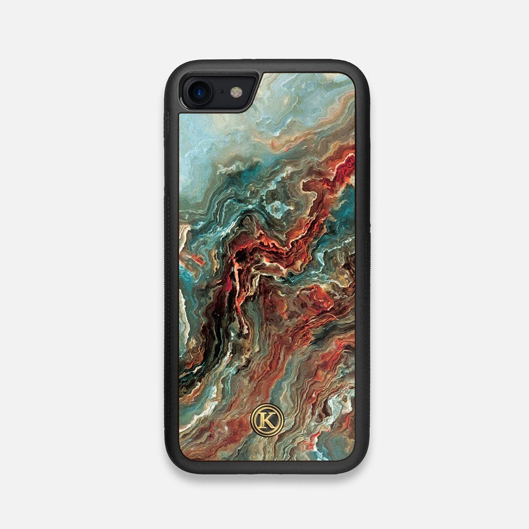 Front view of the vibrant and rich Red & Green flowing marble pattern printed Wenge Wood iPhone 7/8 Case by Keyway Designs