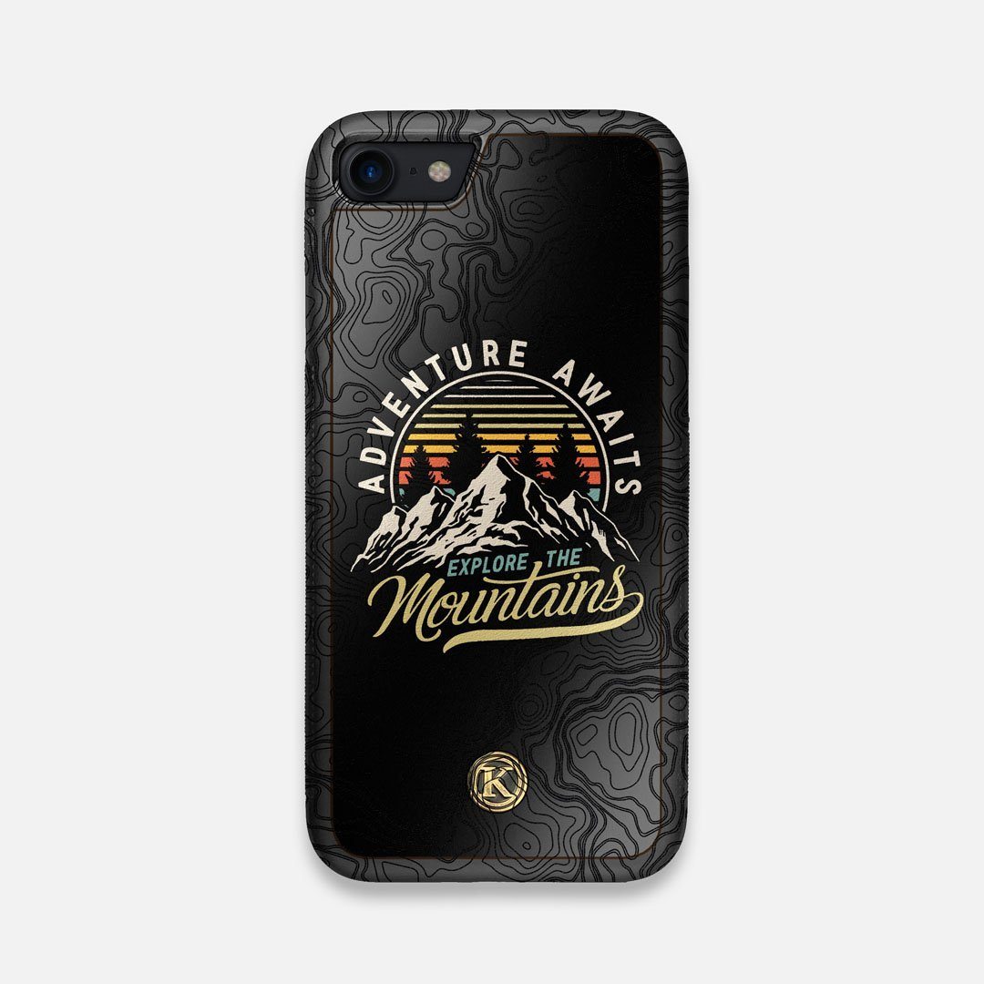 Front view of the crisp topographical map with Explorer badge printed on matte black impact acrylic iPhone 7/8 Case by Keyway Designs