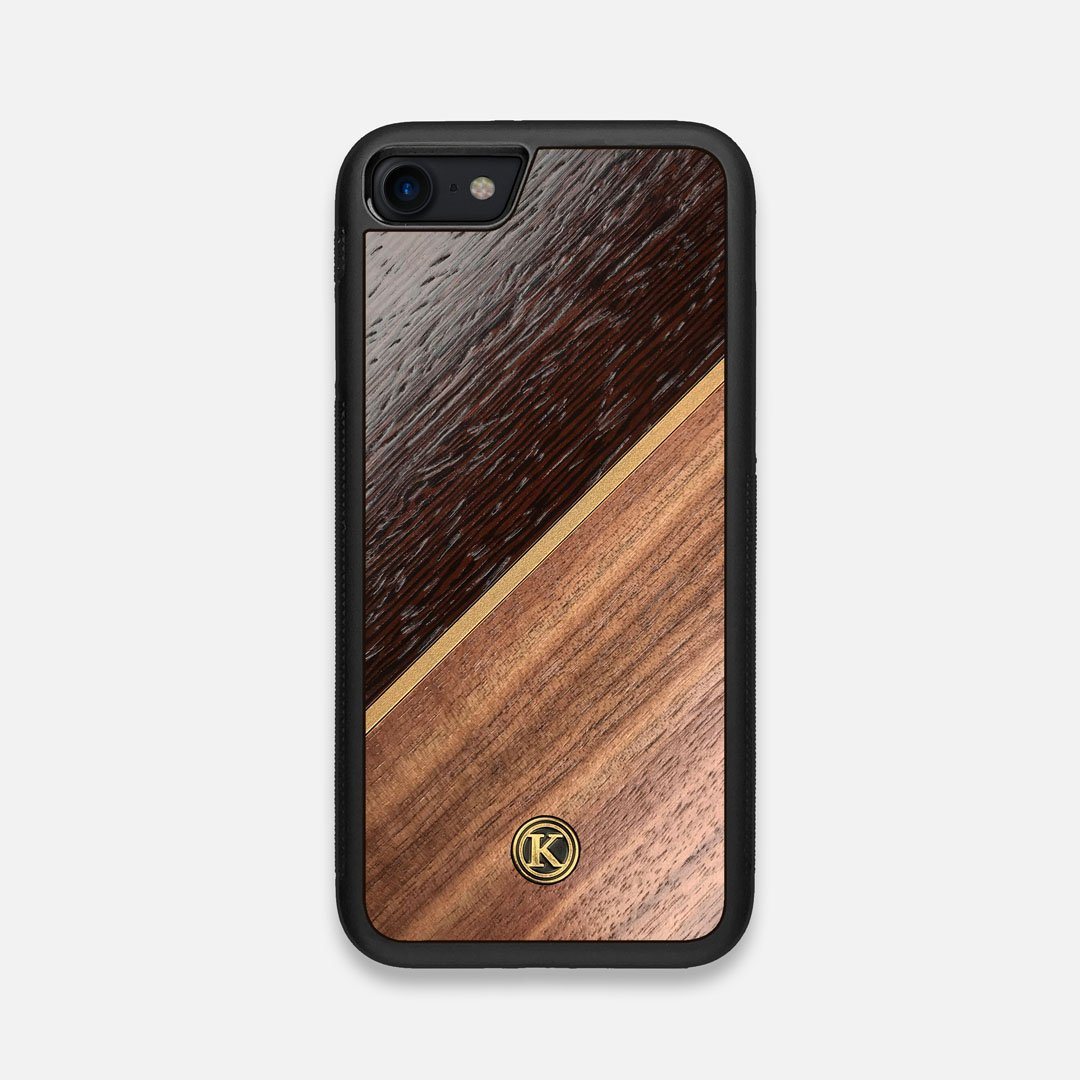 Front view of the Alium Walnut, Gold, and Wenge Elegant Wood iPhone 7/8 Case by Keyway Designs