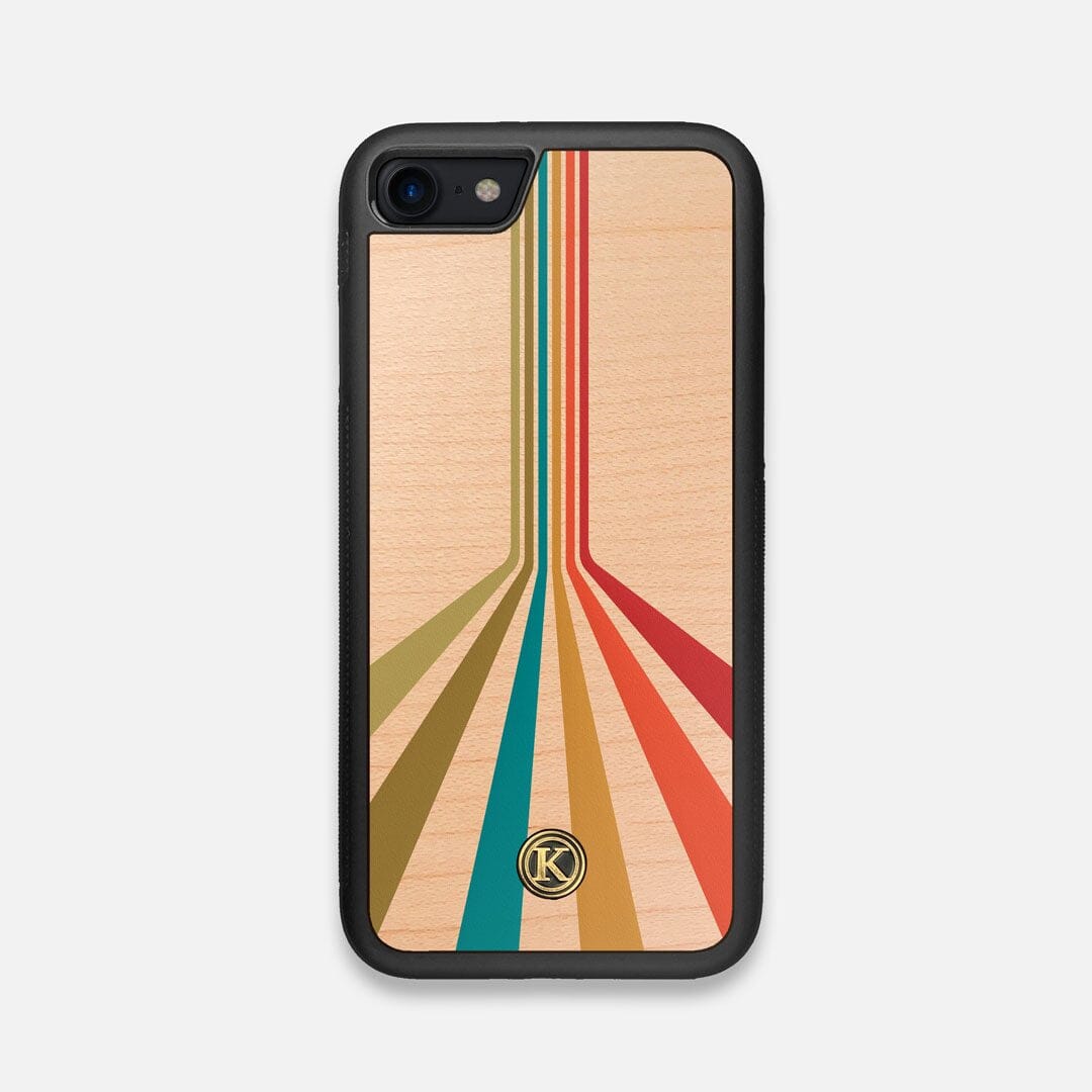 Front view of the array of colour beams splitting across the case printed on Maple wood iPhone 7/8 Case by Keyway Designs