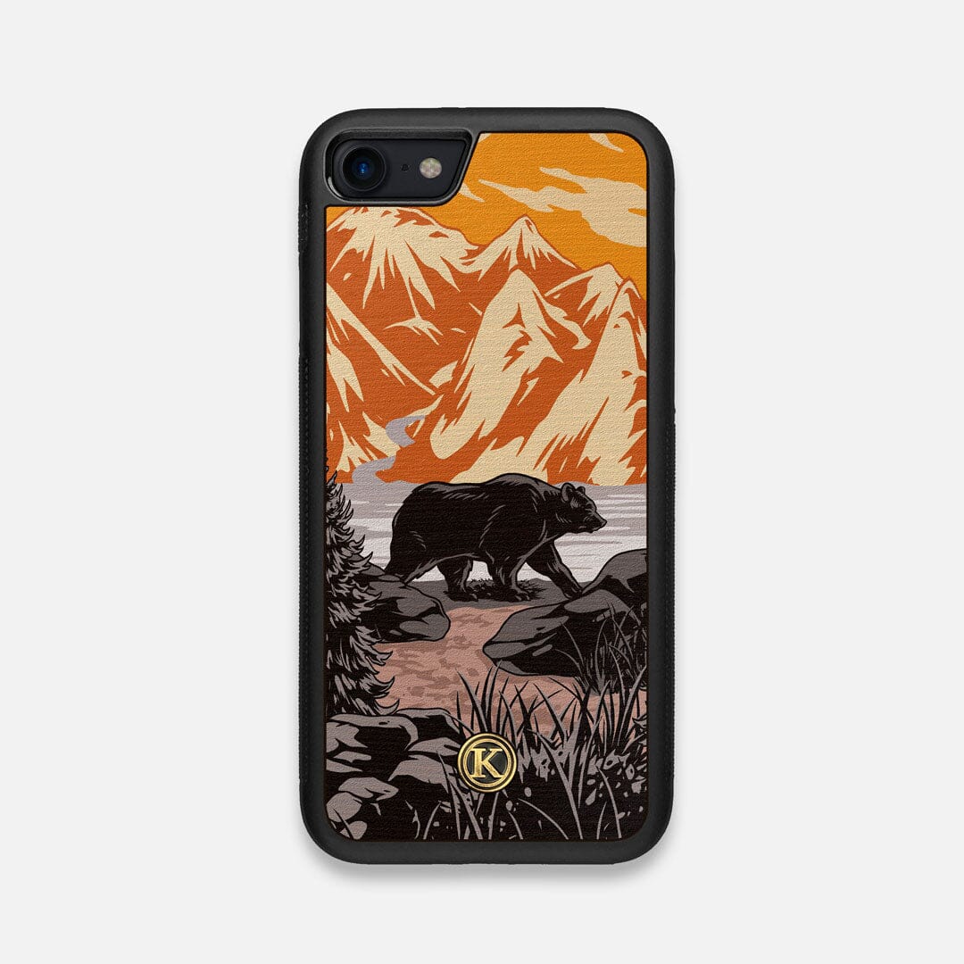 Front view of the stylized Kodiak bear in the mountains print on Wenge wood iPhone 7/8 Case by Keyway Designs