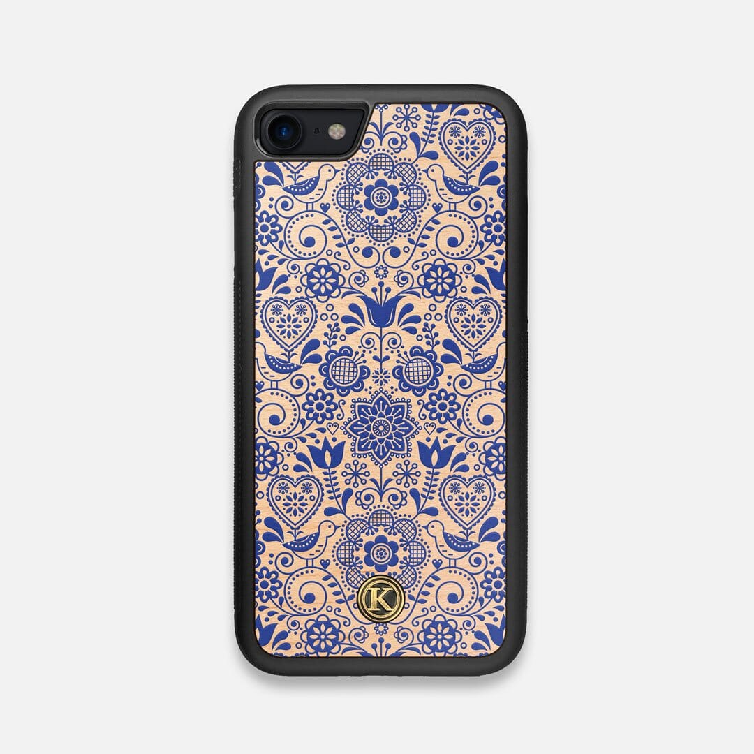 Front view of the blue floral pattern on maple wood iPhone 7/8 Case by Keyway Designs
