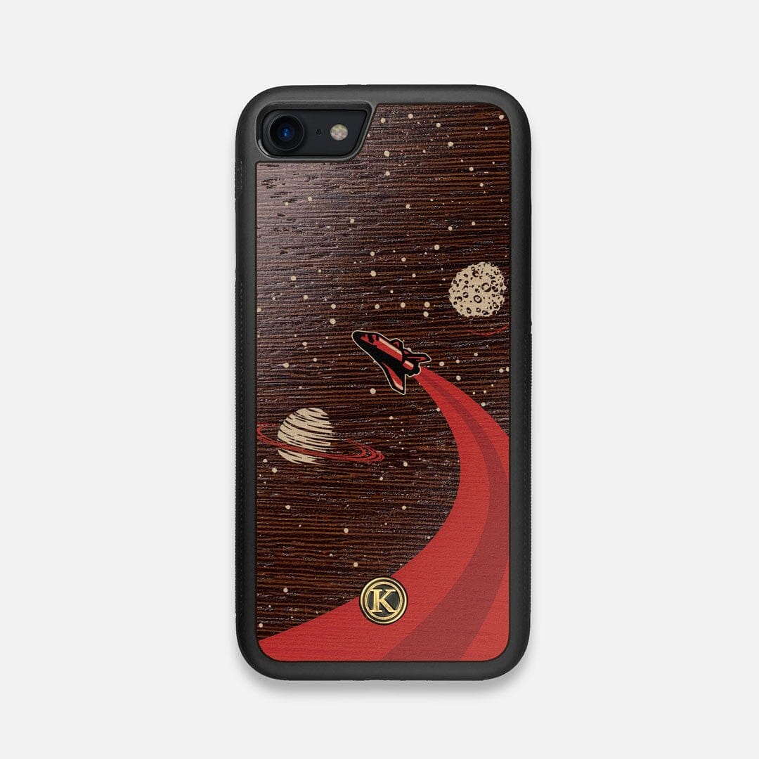 Front view of the stylized space shuttle boosting to saturn printed on Wenge wood iPhone 7/8 Case by Keyway Designs