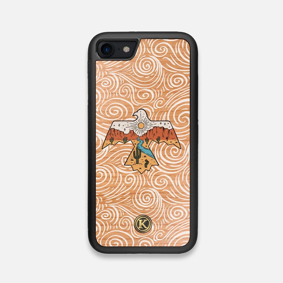 Front view of the double-exposure style eagle over flowing gusts of wind printed on Cherry wood iPhone 7/8 Case by Keyway Designs