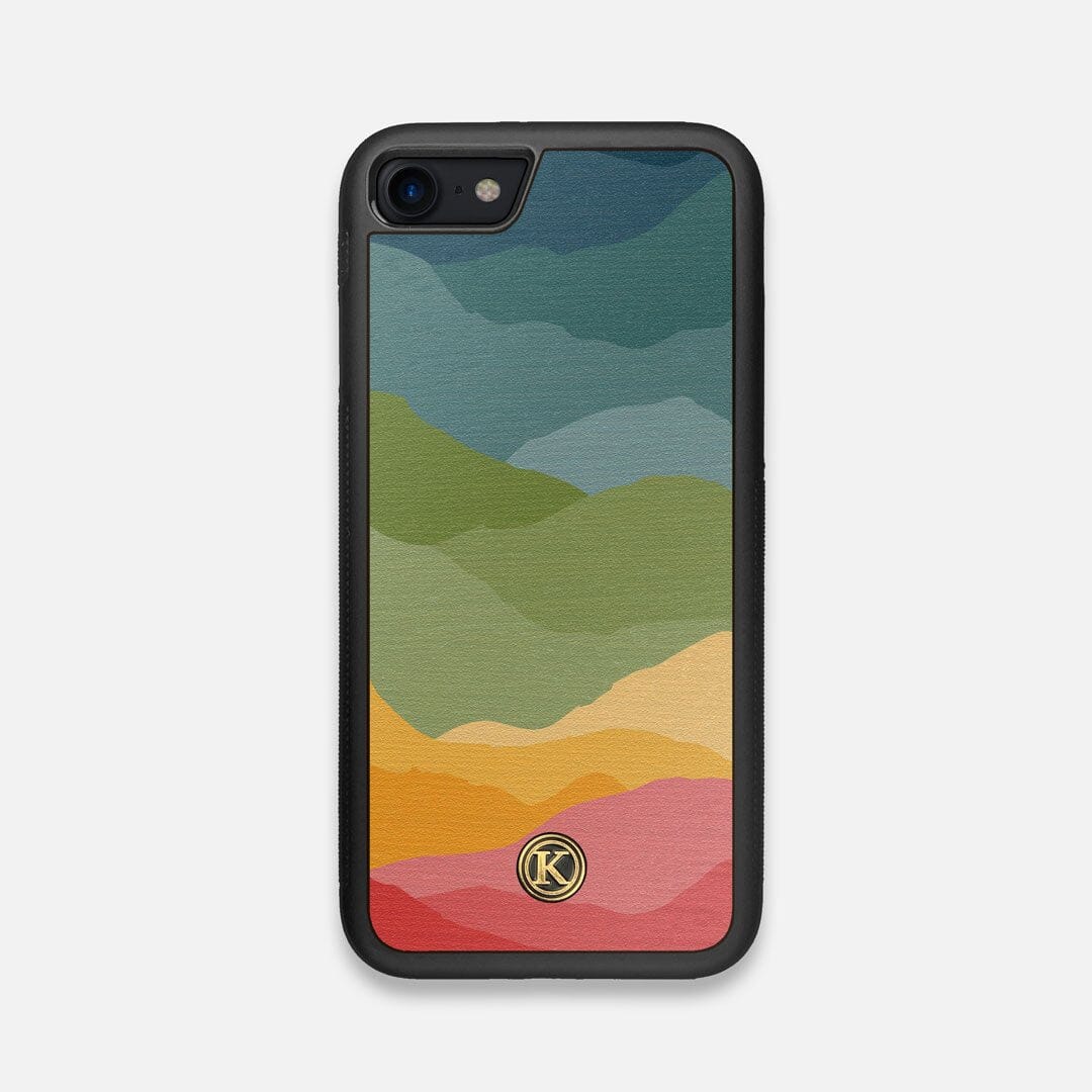 Front view of the vibrant flowing rainbow print on Wenge wood iPhone 7/8 Case by Keyway Designs