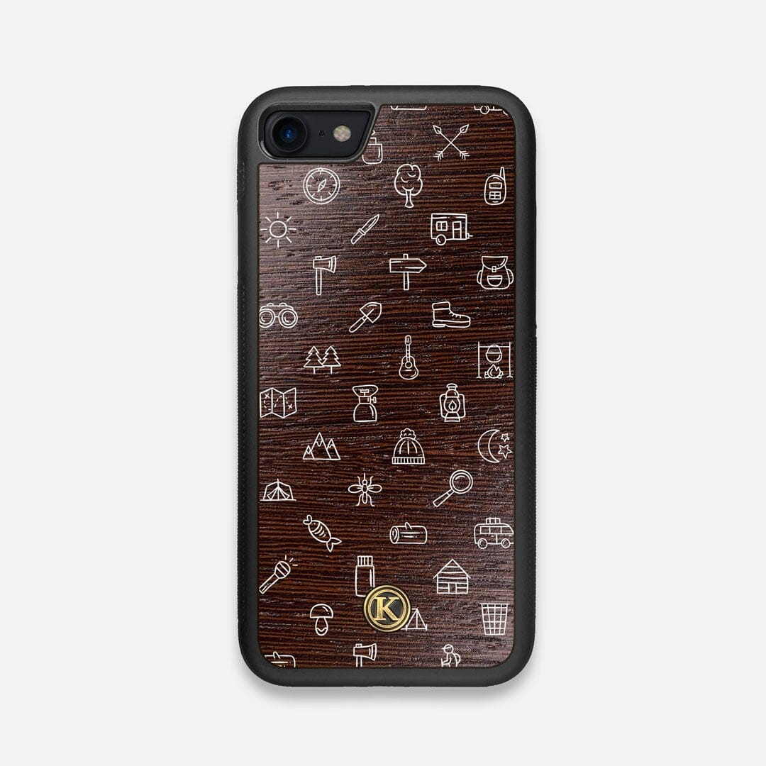 Front view of the fun detailed camping icon print on Wenge wood iPhone 7/8 Case by Keyway Designs