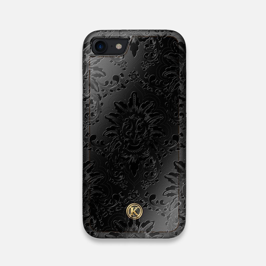 Front view of the detailed gloss Damask pattern printed on matte black impact acrylic iPhone 7/8 Case by Keyway Designs
