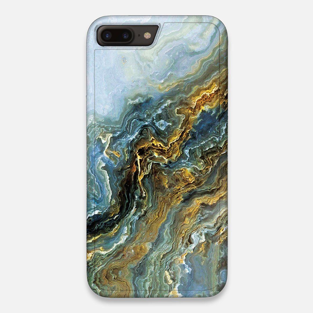 Front view of the vibrant and rich Blue & Gold flowing marble pattern printed Wenge Wood iPhone 7/8 Plus Case by Keyway Designs