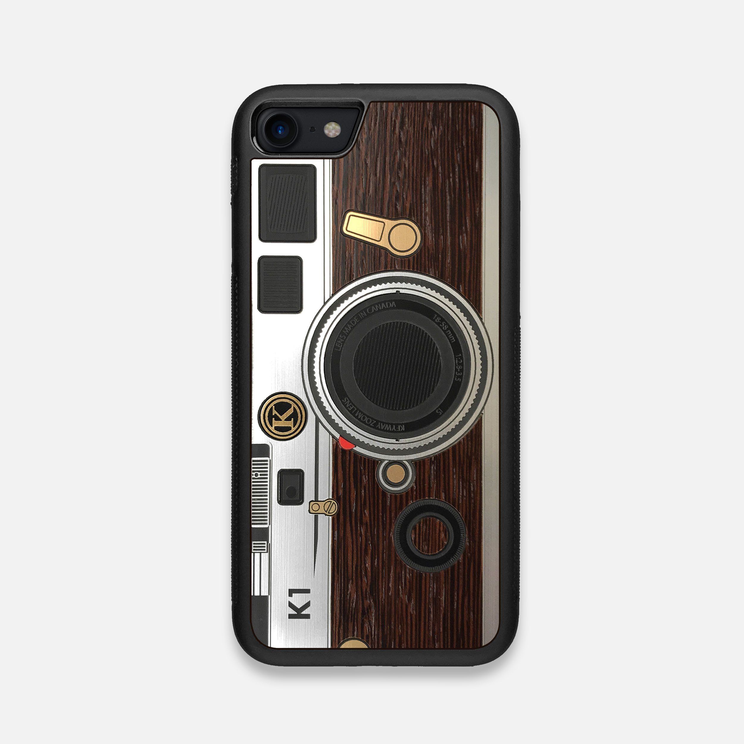 Front view of the classic Camera, silver metallic and wood iPhone 7/8 Case by Keyway Designs