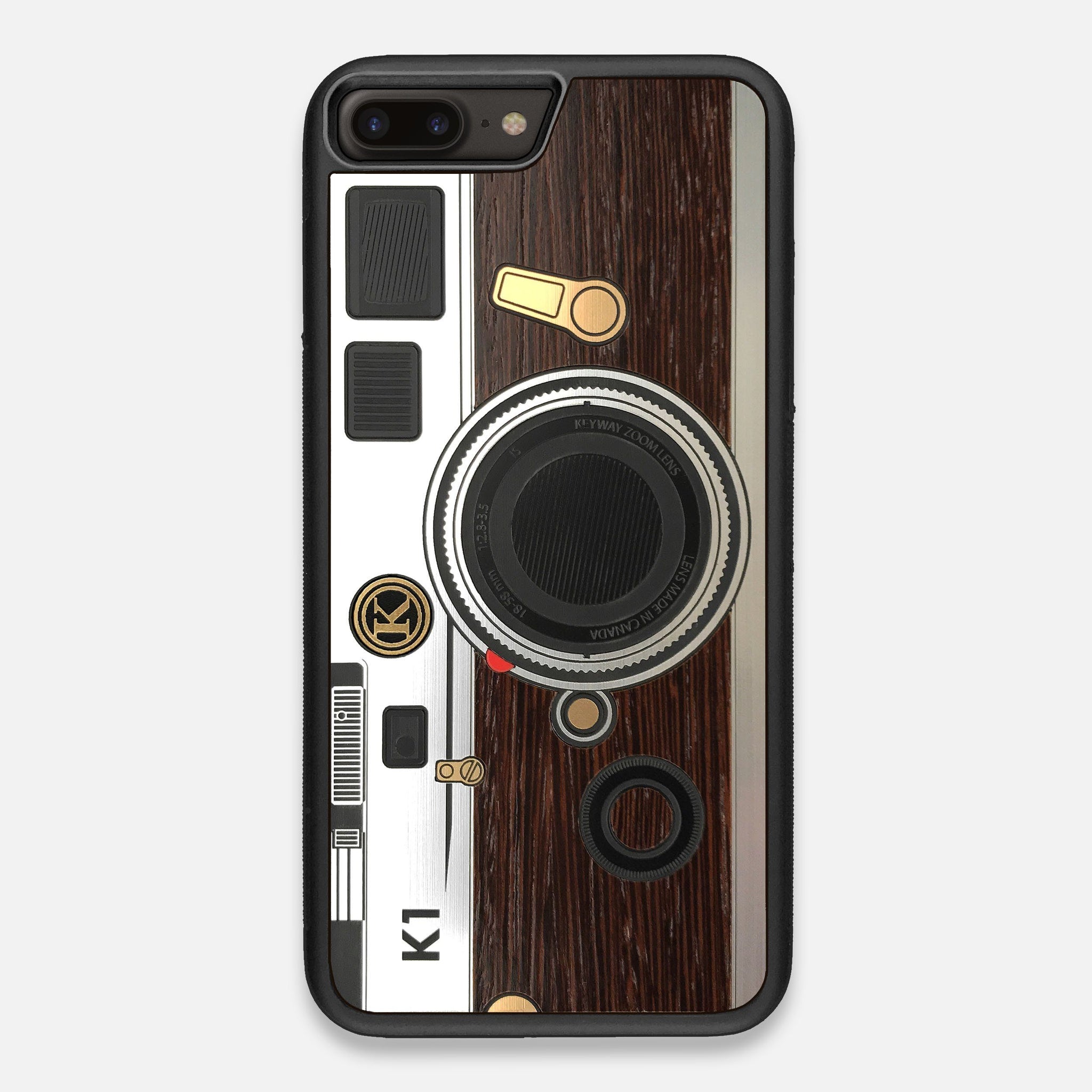 Front view of the classic Camera, silver metallic and wood iPhone 7/8 Plus Case by Keyway Designs