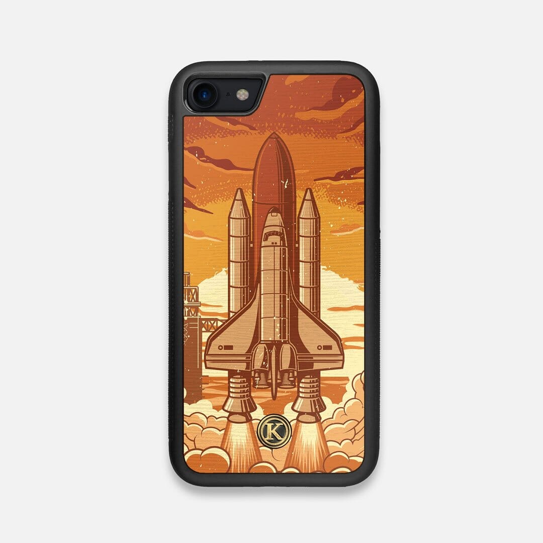 Front view of the vibrant stylized space shuttle launch print on Wenge wood iPhone 7/8 Case by Keyway Designs