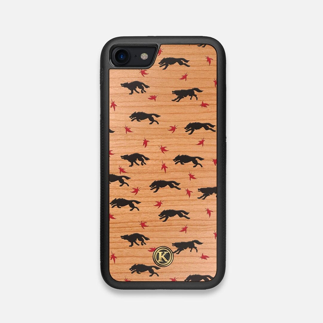 Front view of the unique pattern of wolves and Maple leaves printed on Cherry wood iPhone 7/8 Case by Keyway Designs
