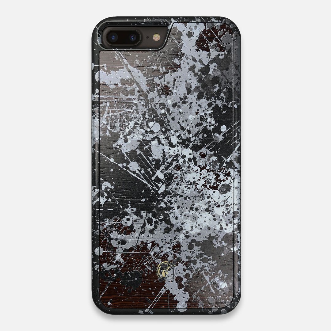 Front view of the aggressive, monochromatic splatter pattern overprintedprinted Wenge Wood iPhone 7/8 Plus Case by Keyway Designs