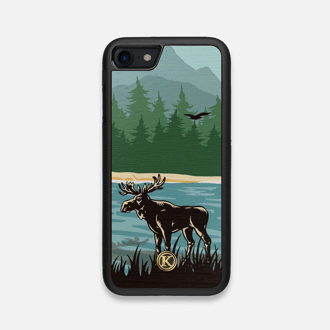 Front view of the stylized bull moose forest print on Wenge wood iPhone 7/8 Case by Keyway Designs
