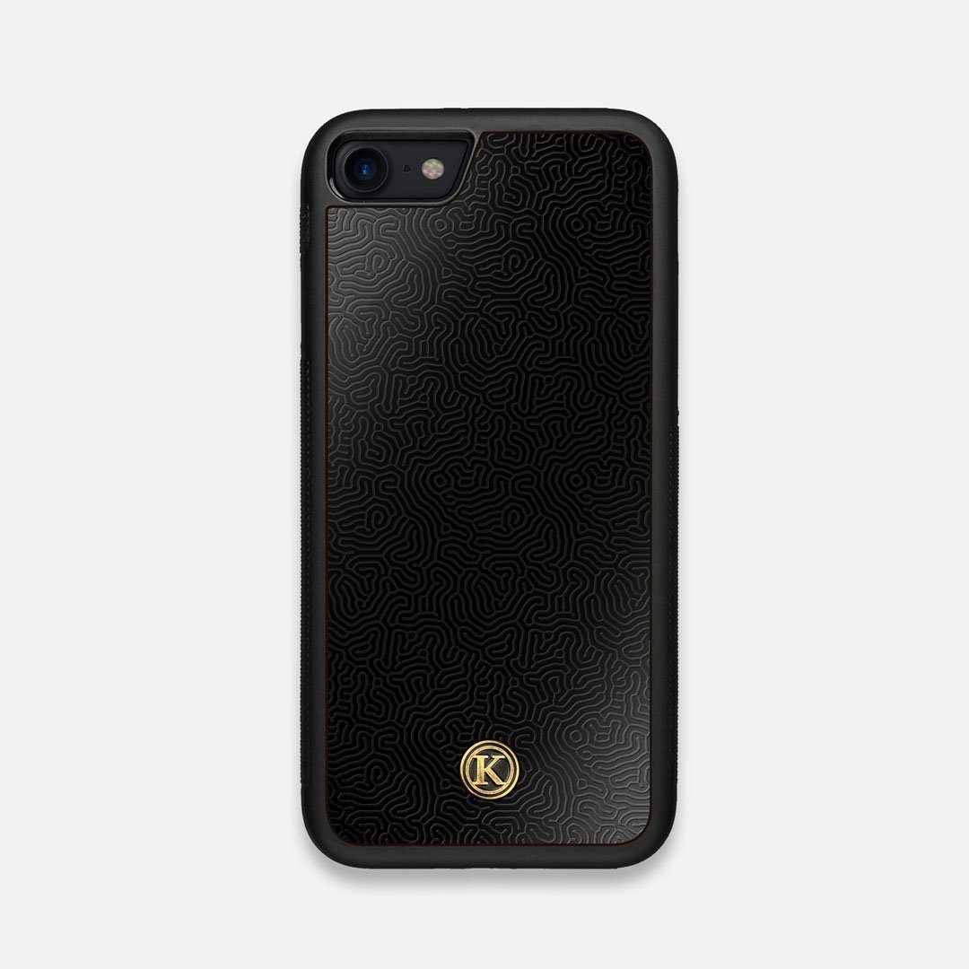 Front view of the highly detailed organic growth engraving on matte black impact acrylic iPhone 7/8 Case by Keyway Designs