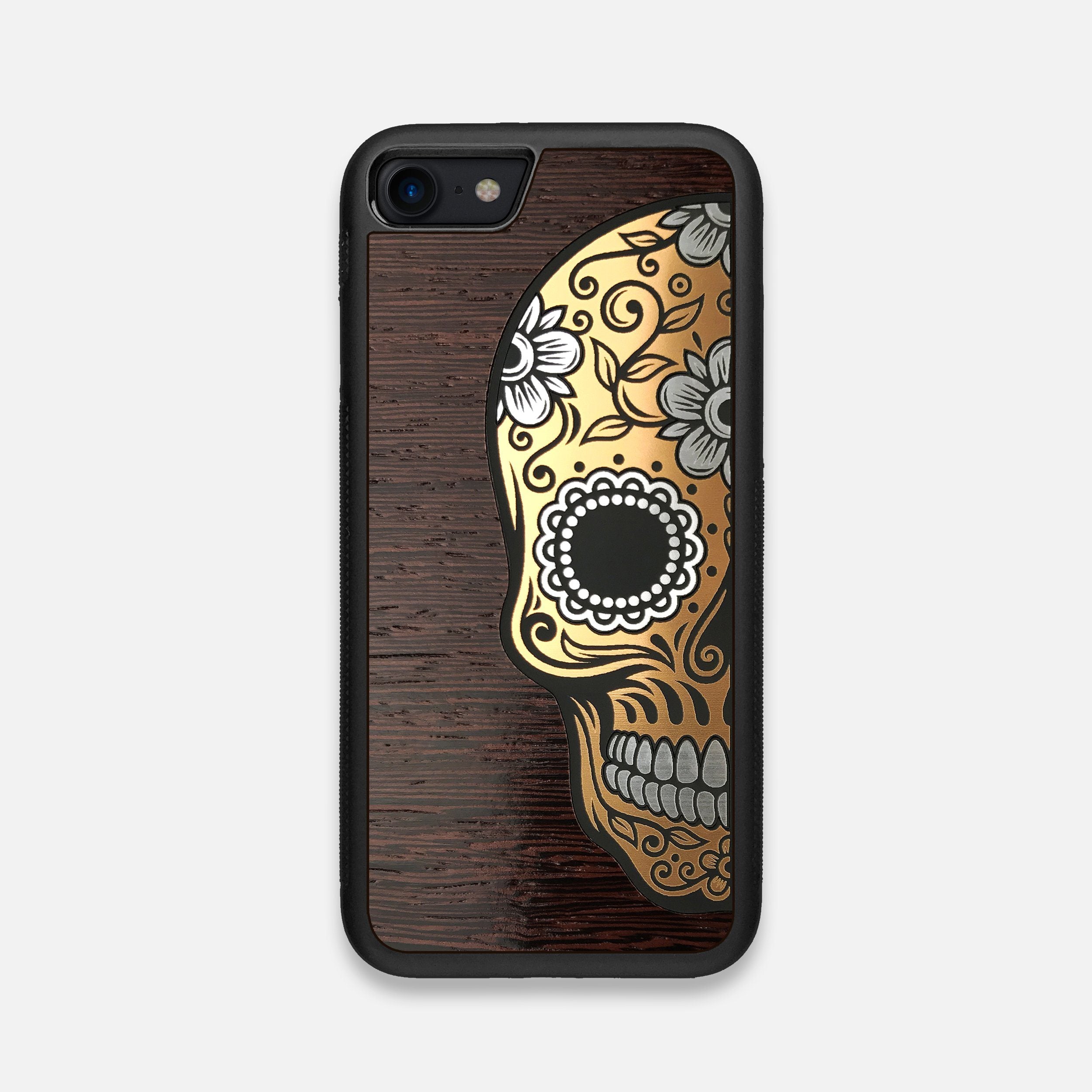 Front view of the Calavera Wood Sugar Skull Wood iPhone 7/8 Case by Keyway Designs