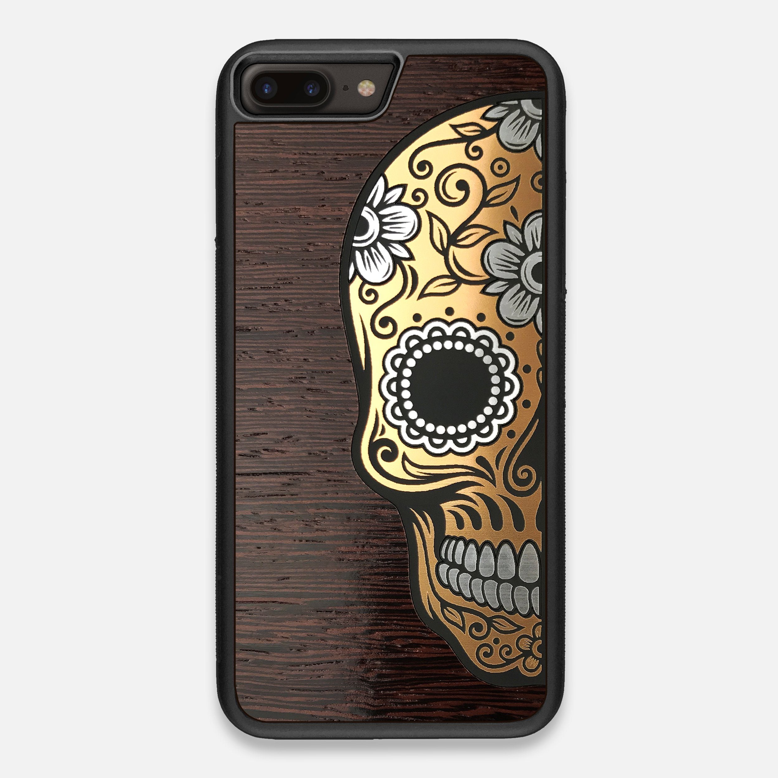 Front view of the Calavera Wood Sugar Skull Wood iPhone 7/8 Plus Case by Keyway Designs