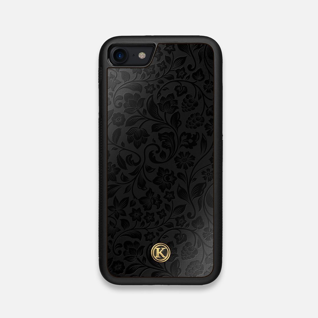 Front view of the highly detailed midnight floral engraving on matte black impact acrylic iPhone 7/8 Case by Keyway Designs