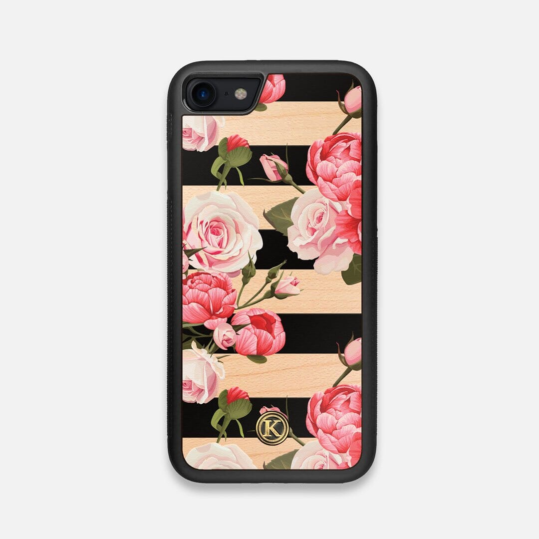 Front view of the artsy print of stripes with peonys and roses on Maple wood iPhone 7/8 Case by Keyway Designs