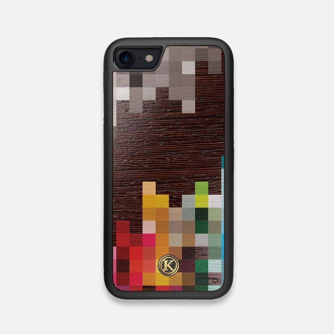 Front view of the digital art inspired pixelation design on Wenge wood iPhone 7/8 Case by Keyway Designs