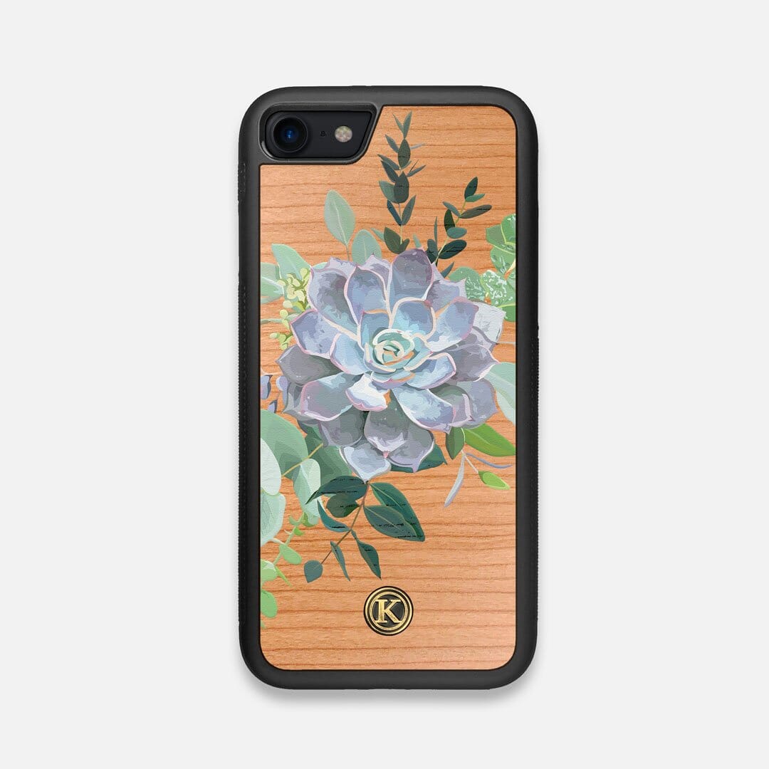 Front view of the print centering around a succulent, Echeveria Pollux on Cherry wood iPhone 7/8 Case by Keyway Designs