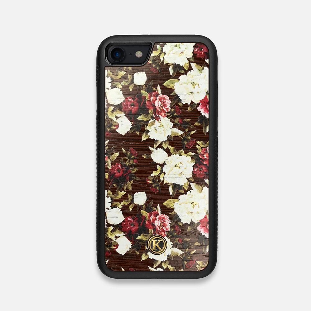 Front view of the Rose white and red rose printed Wenge Wood iPhone 7/8 Case by Keyway Designs