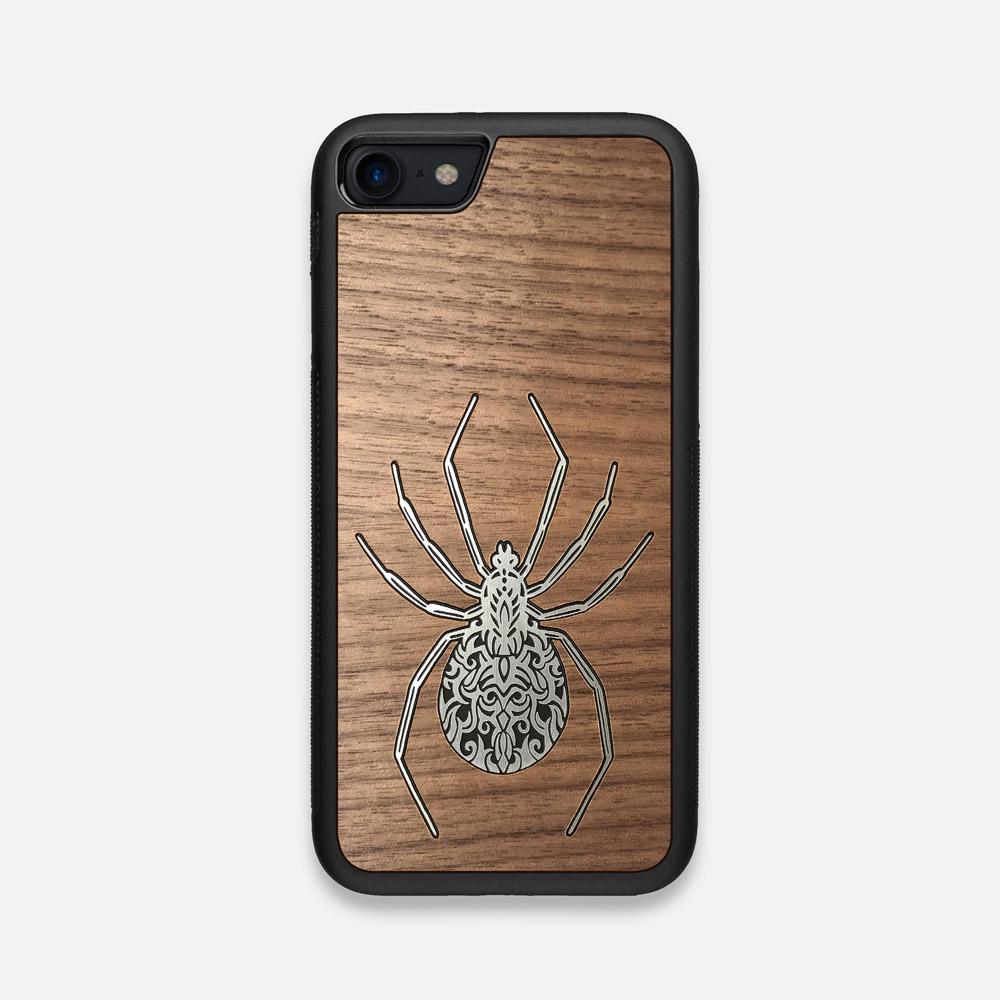 Front view of the Spider by Pavneet Sembhi Silver Walnut Wood iPhone 7/8 Case by Keyway Designs
