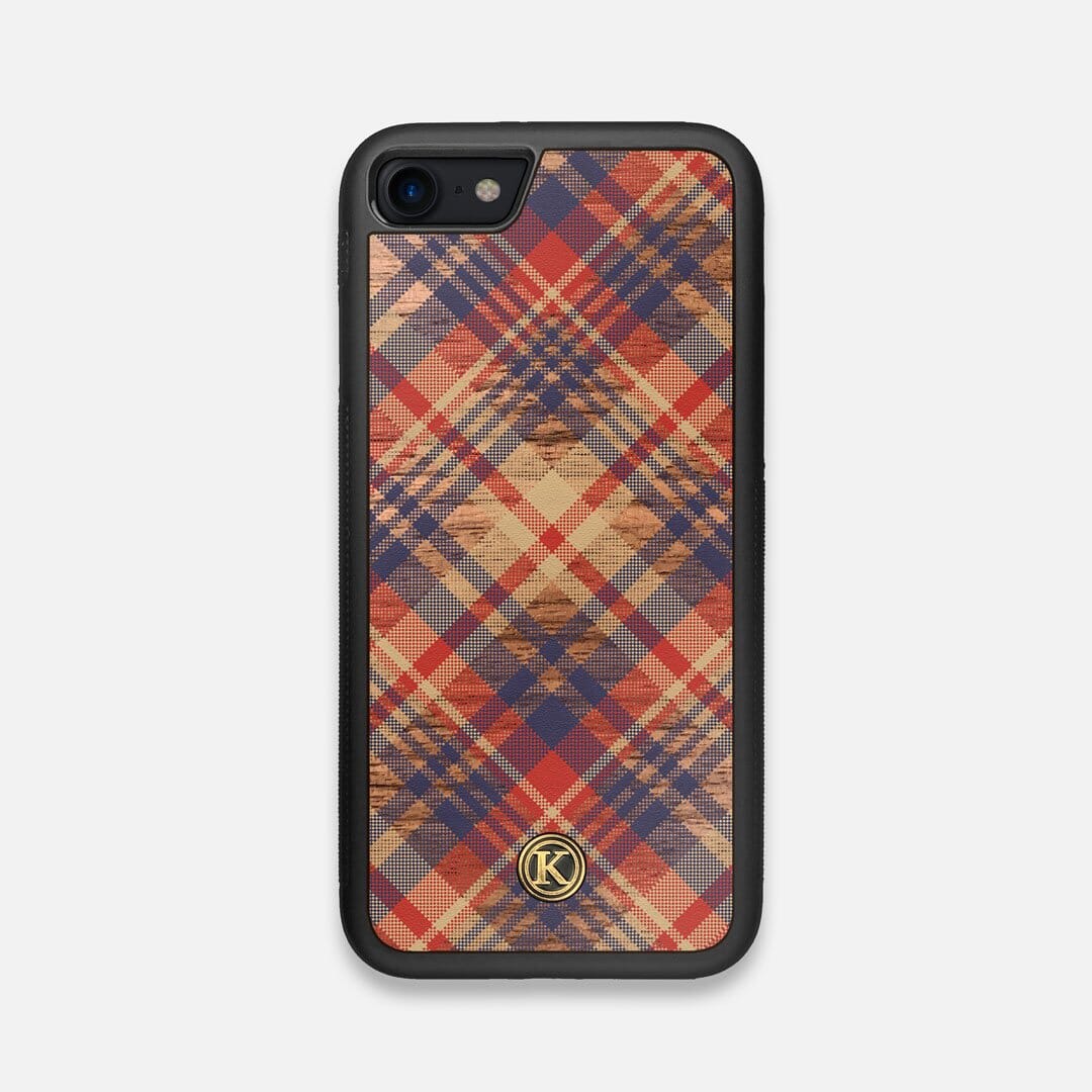 Front view of the Tartan print of beige, blue, and red on Walnut wood iPhone 7/8 Case by Keyway Designs