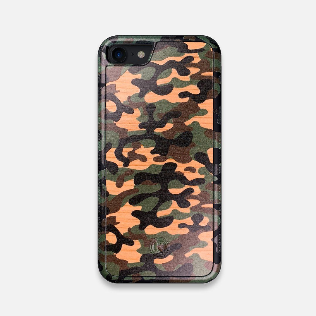 Front view of the stealth Paratrooper camo printed Wenge Wood iPhone 7/8 Case by Keyway Designs