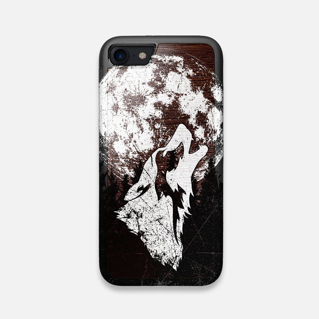 Front view of the high-contrast howling wolf on a full moon printed on a Wenge Wood iPhone 7/8 Case by Keyway Designs