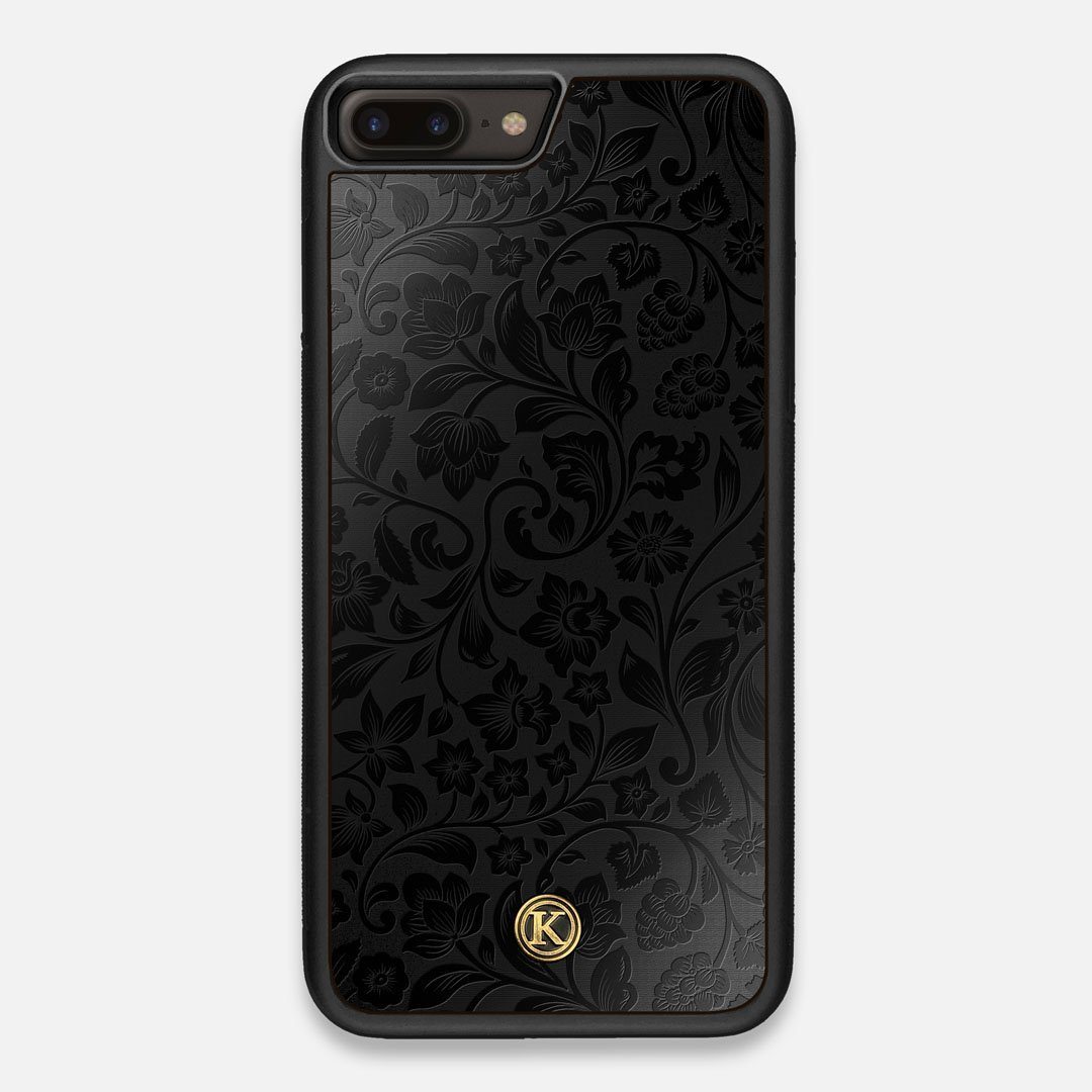 Front view of the highly detailed midnight floral engraving on matte black impact acrylic iPhone 7/8 Plus Case by Keyway Designs