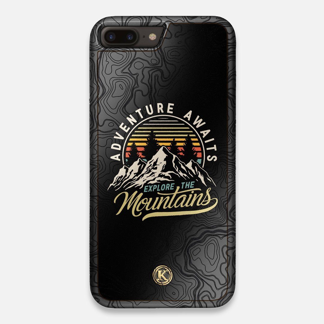 Front view of the crisp topographical map with Explorer badge printed on matte black impact acrylic iPhone 7/8 Plus Case by Keyway Designs