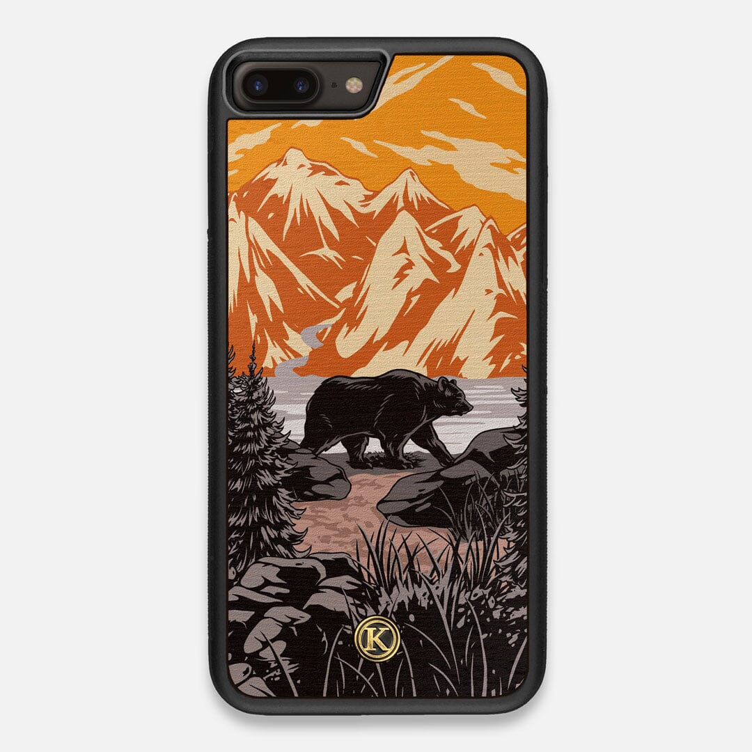 Front view of the stylized Kodiak bear in the mountains print on Wenge wood iPhone 7/8 Plus Case by Keyway Designs