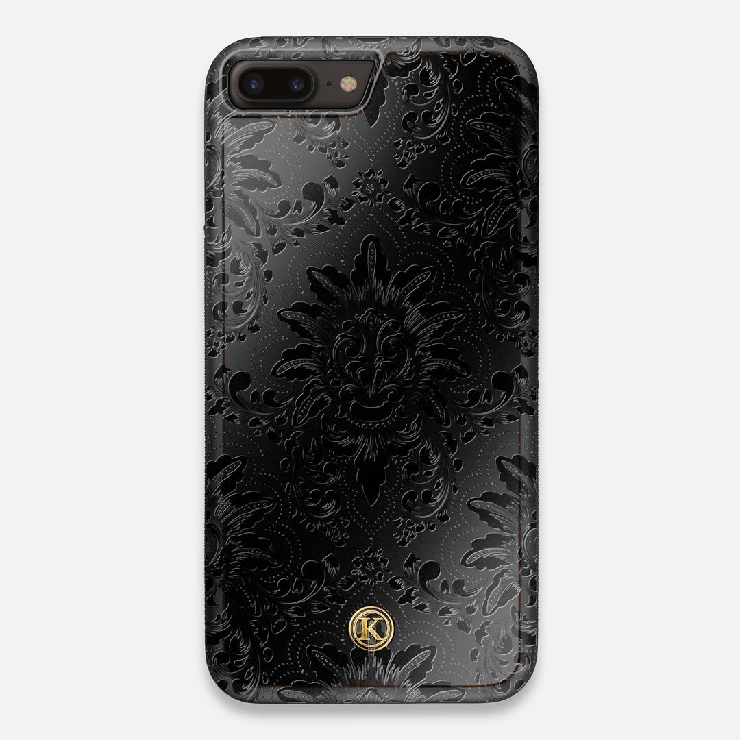 Front view of the detailed gloss Damask pattern printed on matte black impact acrylic iPhone 7/8 Plus Case by Keyway Designs