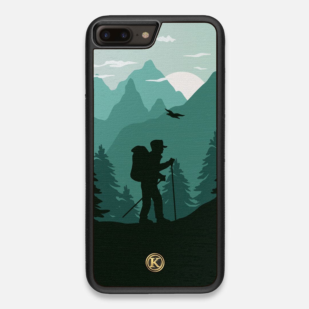Front view of the stylized mountain hiker print on Wenge wood iPhone 7/8 Plus Case by Keyway Designs