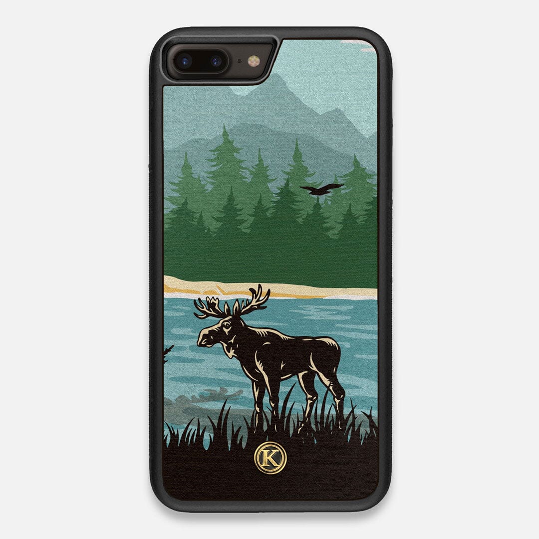 Front view of the stylized bull moose forest print on Wenge wood iPhone 7/8 Plus Case by Keyway Designs