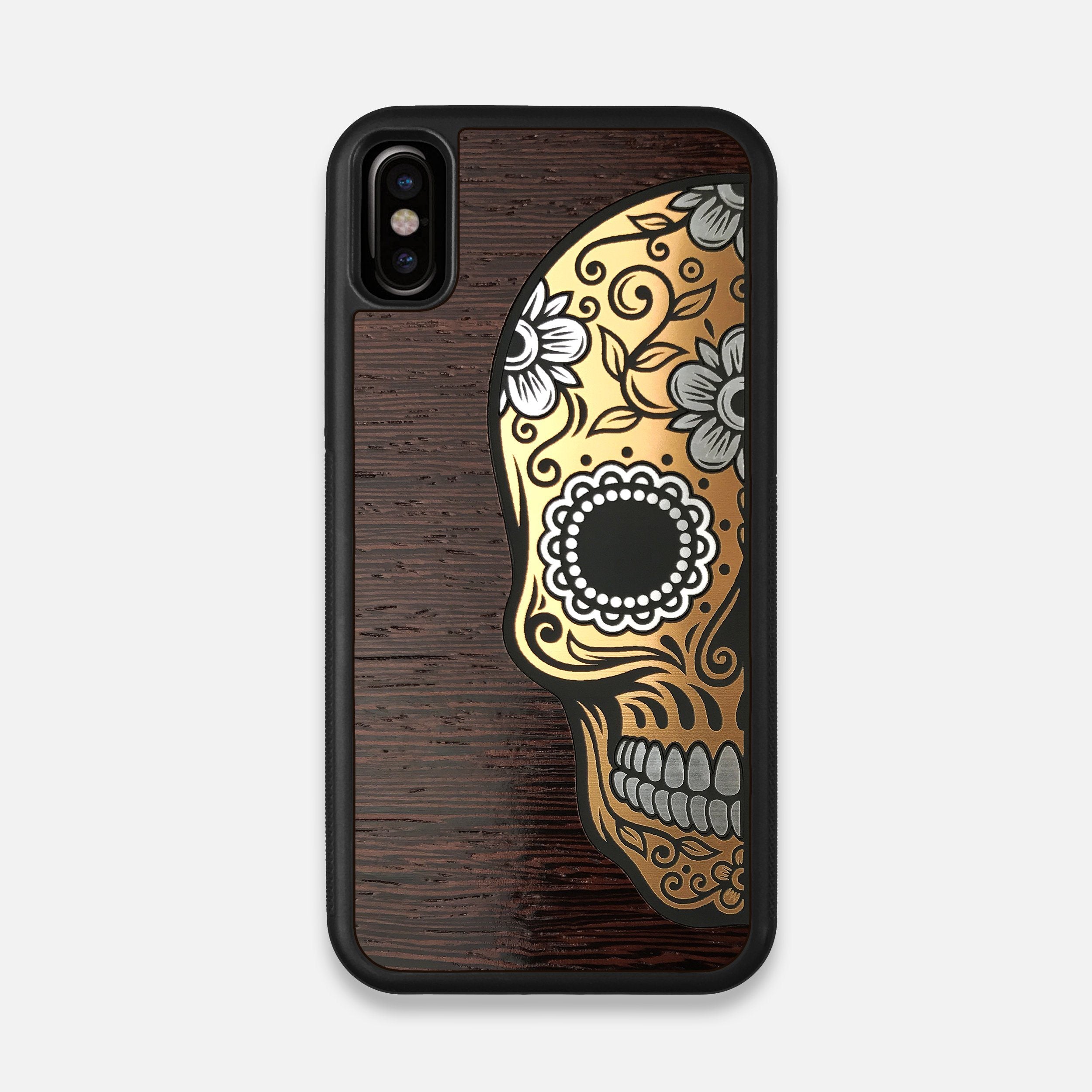 Front view of the Calavera Wood Sugar Skull Wood iPhone X Case by Keyway Designs