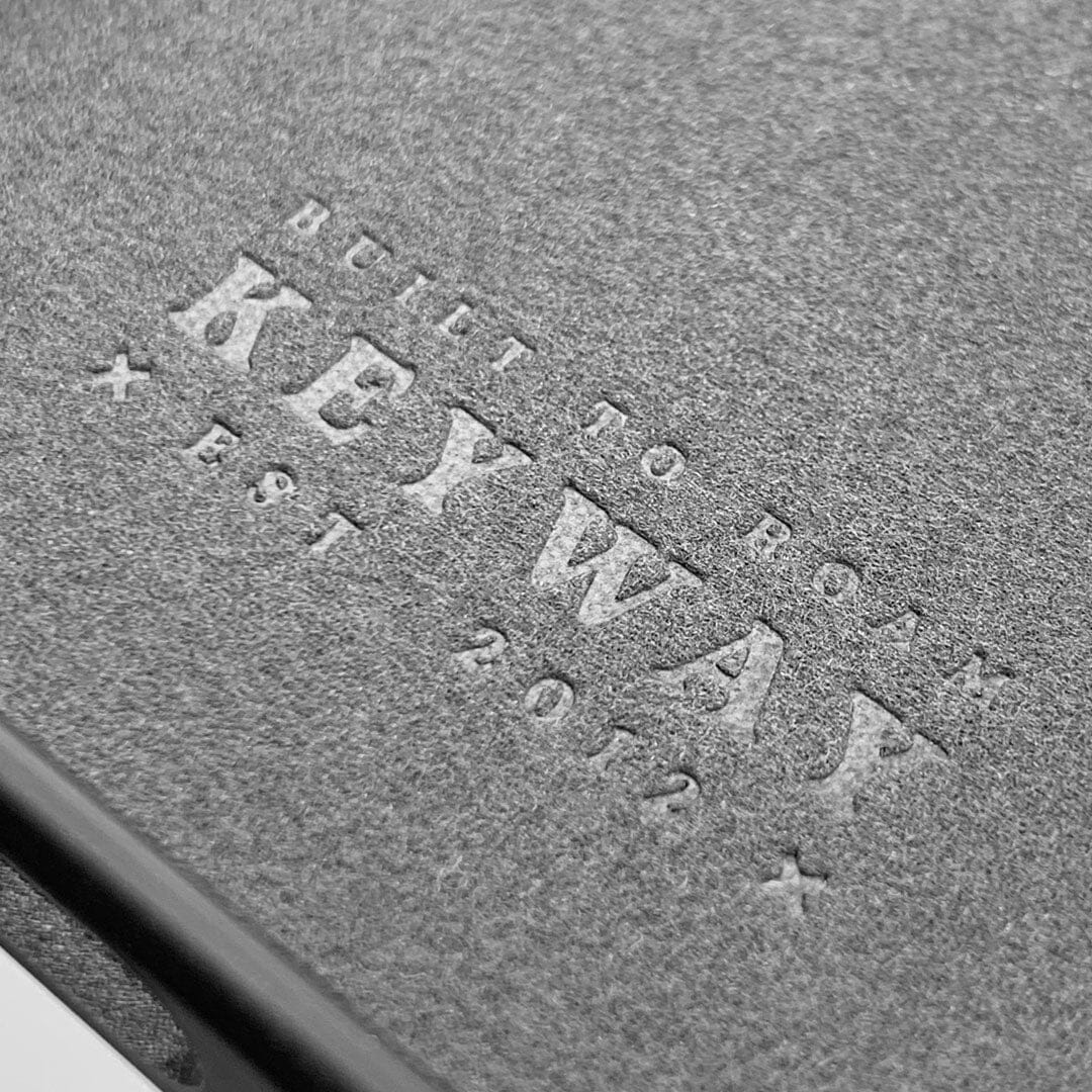 Zoomed in View of the Keyway Designs logo inside of the iPhone 15 Plus MagSafe Case with Microfibre lining