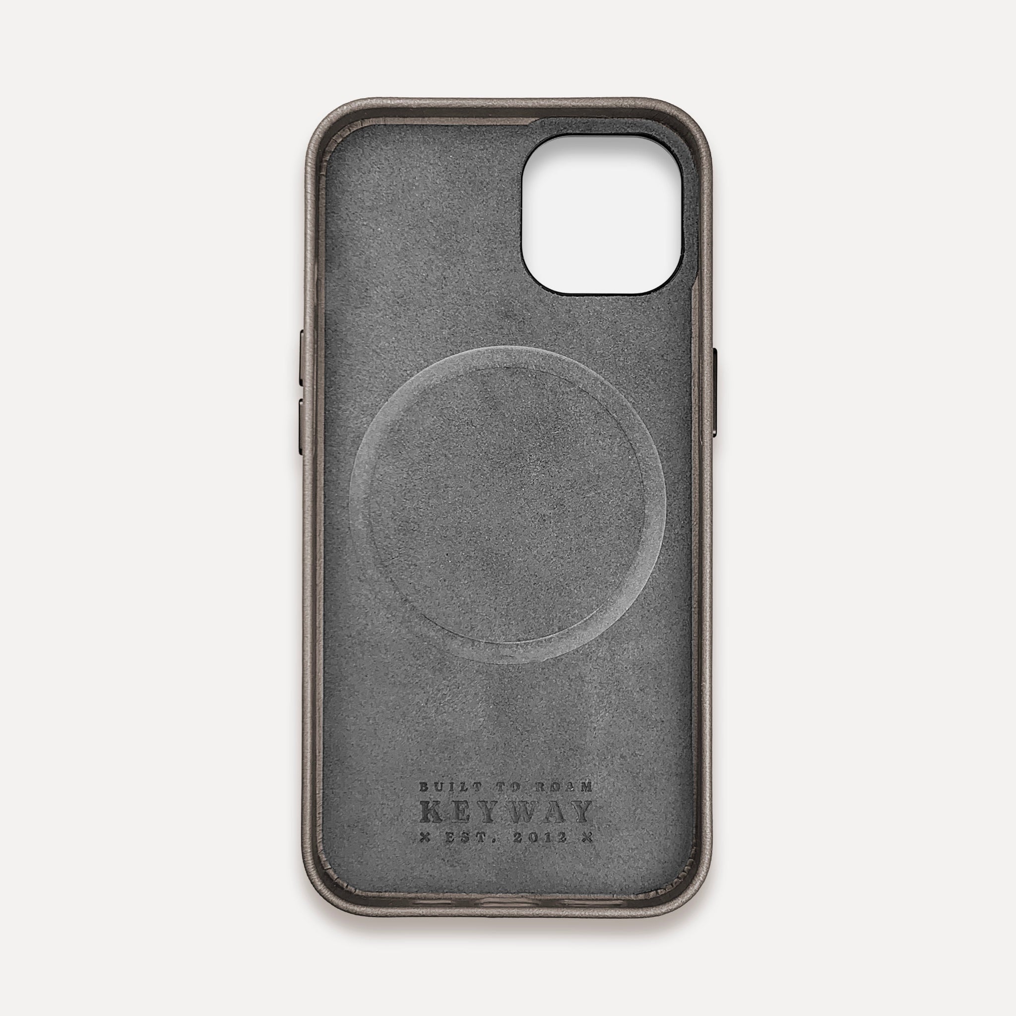 Microfiber lining of Slate Grey Leather MagSafe iPhone 14 Case by Keyway