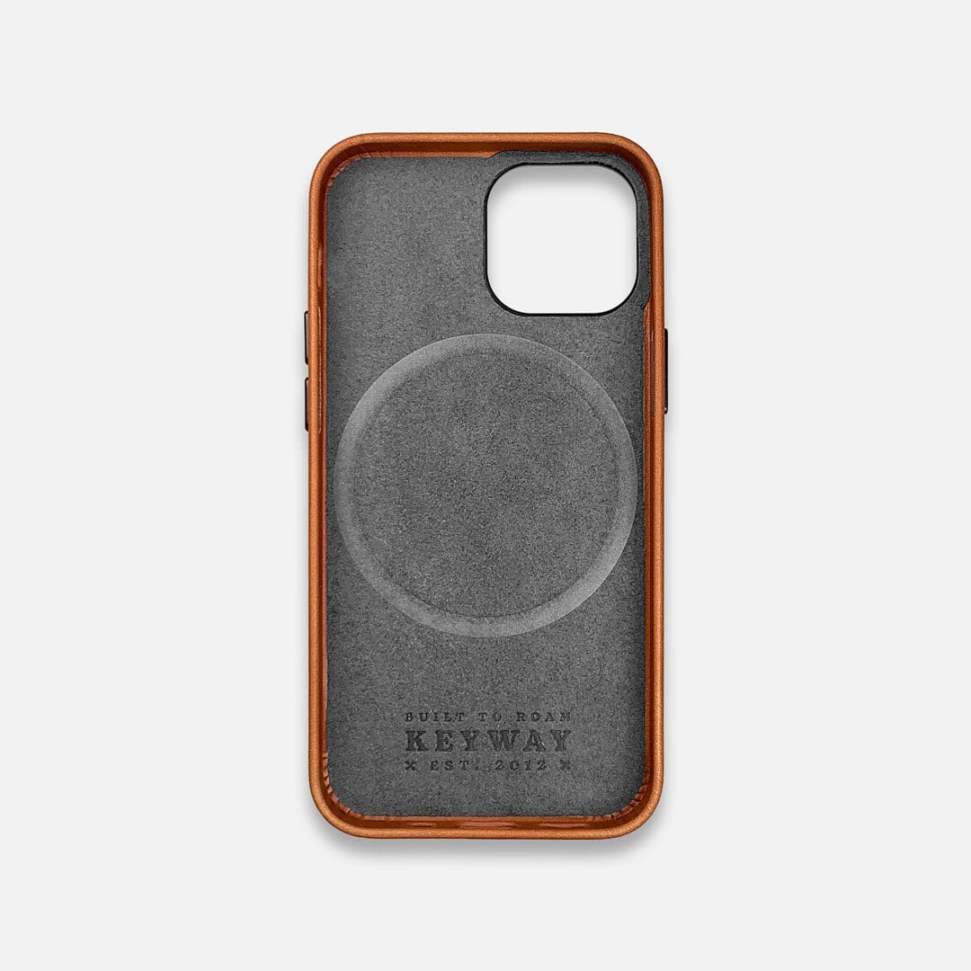 Microfiber lining of Whiskey brown Leather MagSafe iPhone 13 Mini Case by Keyway