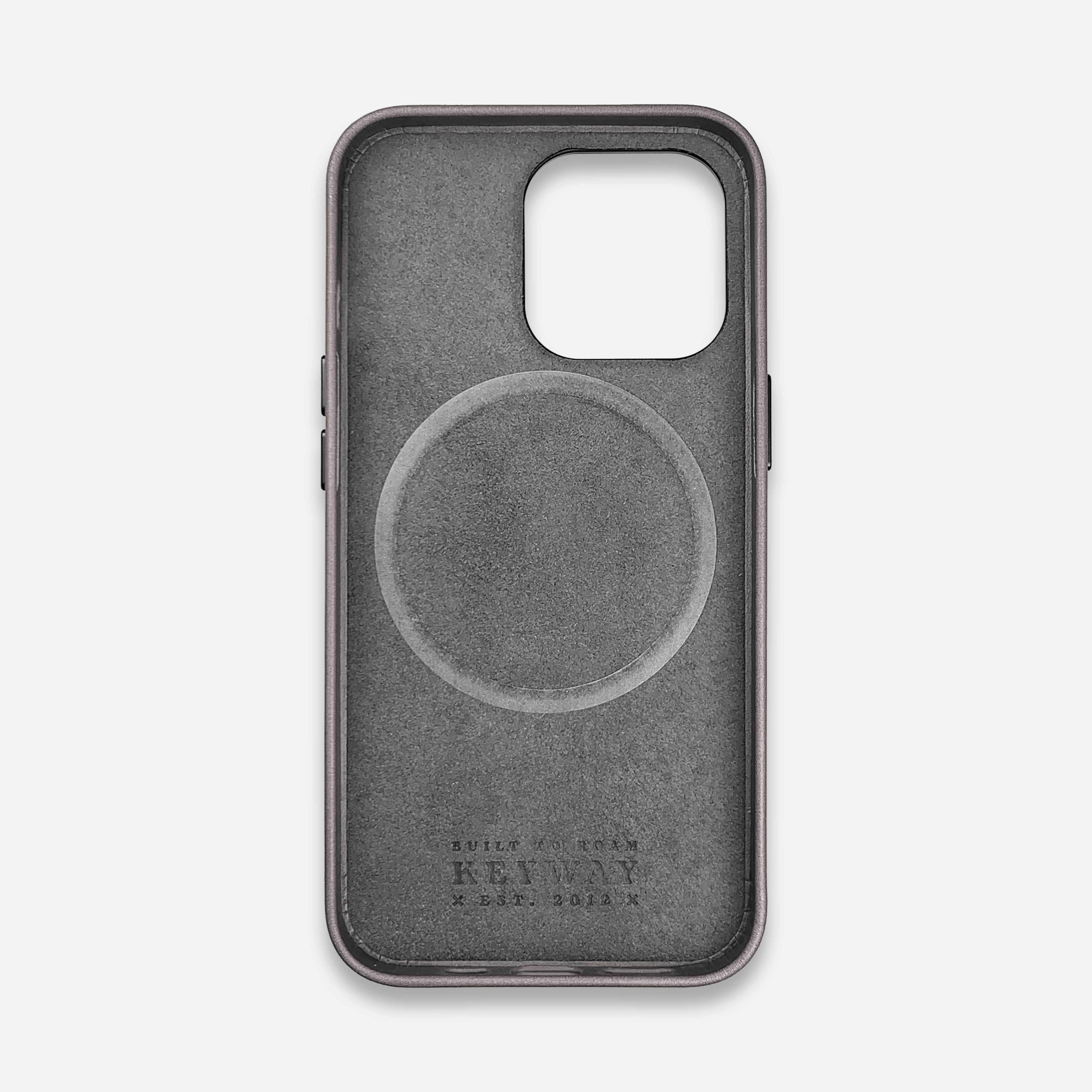 Microfiber lining of Slate Grey Leather MagSafe iPhone 14 Pro Case by Keyway