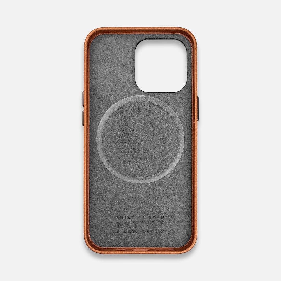 Microfiber lining of Whiskey brown Leather MagSafe iPhone 14 Pro Case by Keyway